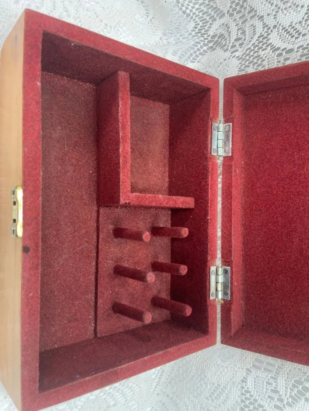 Handmade Wooden Jewelry Box With Floral Hand-Painted Design Red Felt Interior &